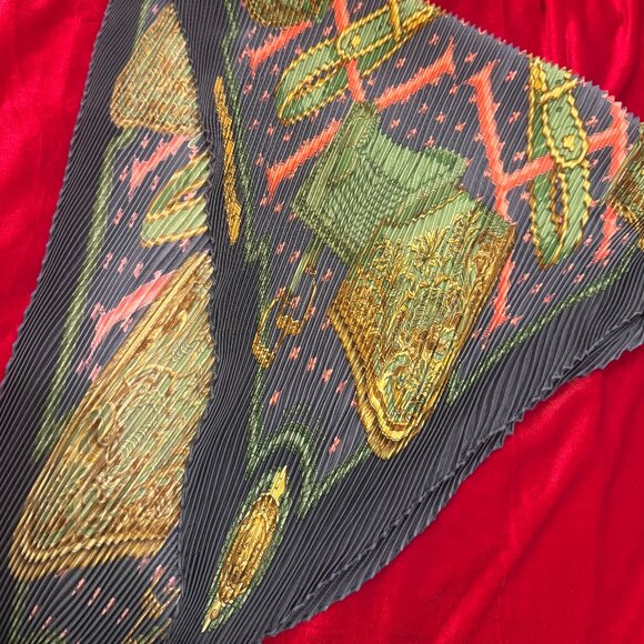 HERMES PLISSE SCARF DARK BLUE/GRAY BLUE GREEN PINK GOLD MEDIUM TO LARGE - Picture 10 of 14